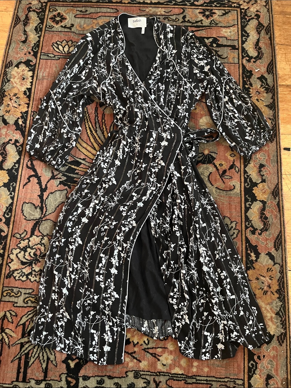 ba&sh Black and White Floral Wrap Midi Dress Sz 1, like new
